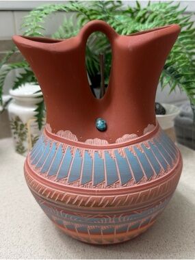 Vintage Navajo Native American Hand Etched & Hand Painted Pottery Vase, Signed